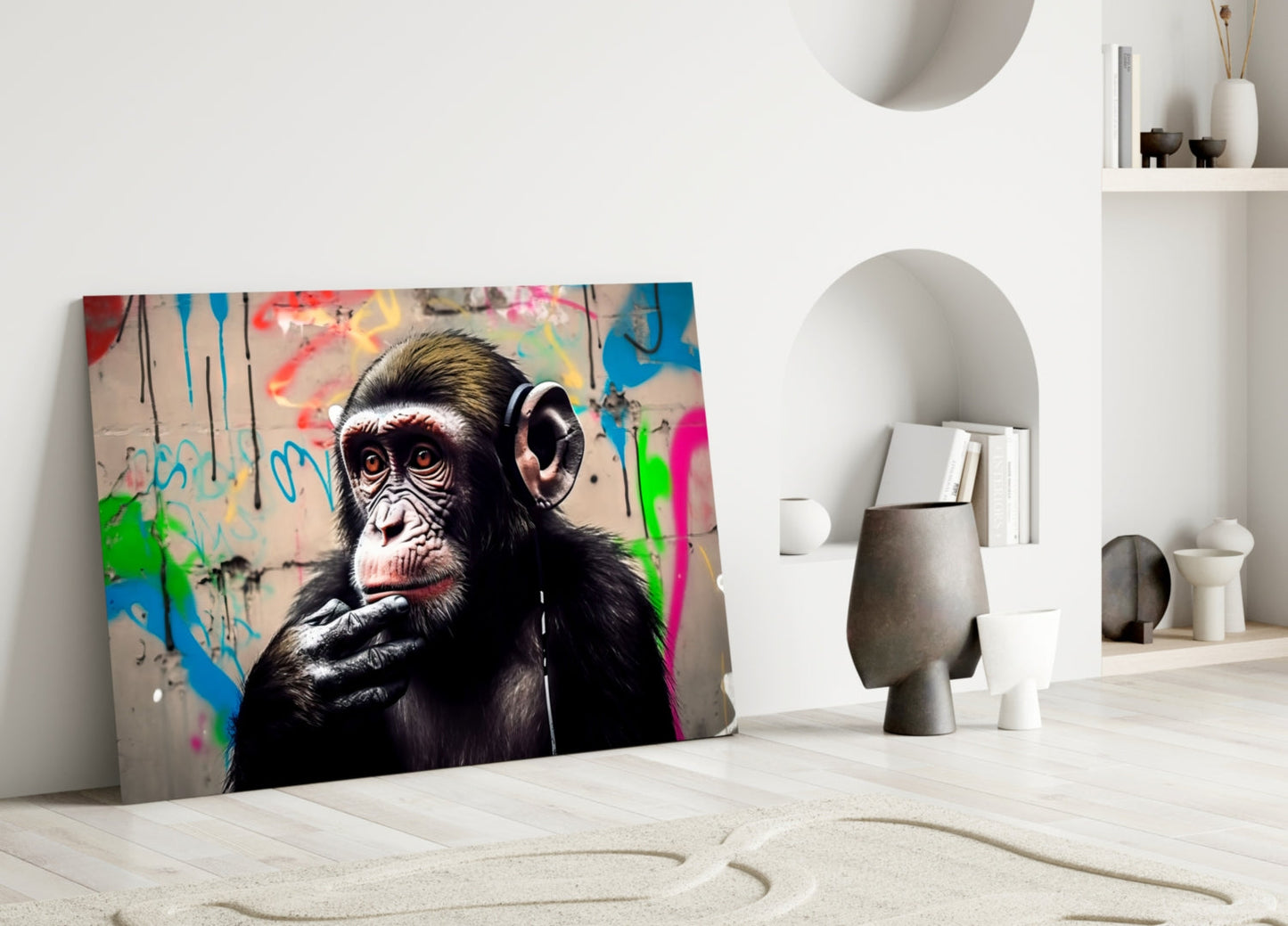Thinking Monkey glass wall art leaning against white wall beside sculptural décor, displaying chimp with colorful graffiti background.
