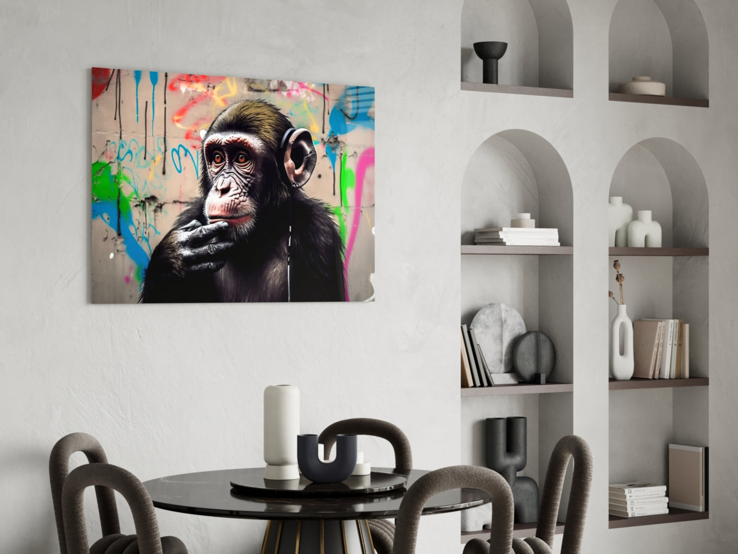 Chimp wearing headphones with colorful graffiti background displayed above dining table in modern interior with built-in shelving.