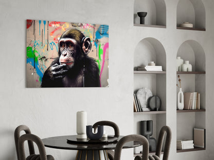 Chimp wearing headphones with colorful graffiti background displayed above dining table in modern interior with built-in shelving.