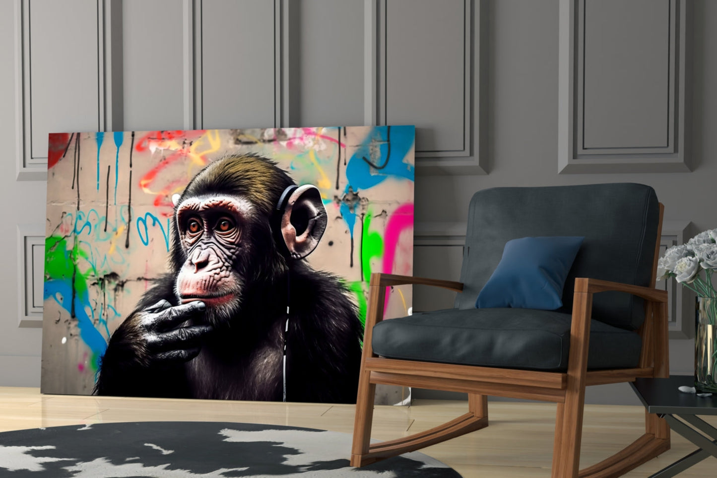 Framed glass wall art featuring a chimpanzee wearing headphones against colorful graffiti background, displayed in modern living room setting.