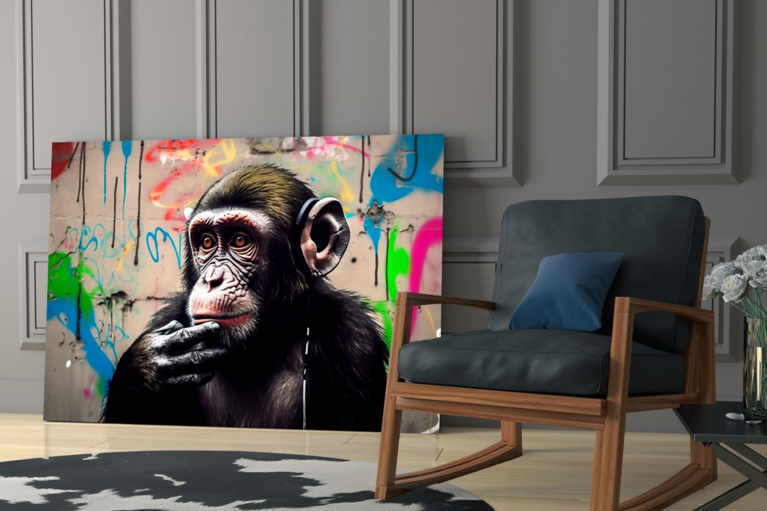 Framed glass wall art featuring a chimpanzee wearing headphones against colorful graffiti background, displayed in modern living room setting.