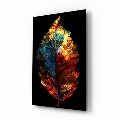 A vibrant multicolored feather with red, orange, yellow, and blue hues displayed against a black background on glass wall art.
