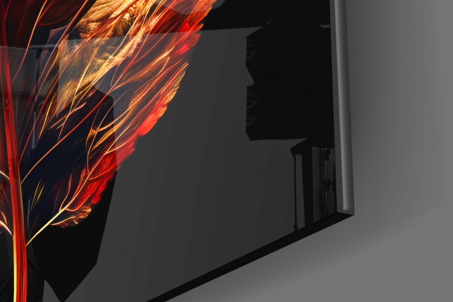 Autumn Leaf Glass Wall Art displaying vibrant red and gold illuminated leaf design mounted on gray wall, angled perspective view.