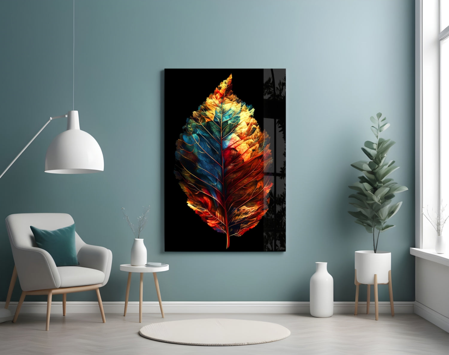 Colorful glass leaf art with red, orange, yellow, and blue tones displayed on turquoise wall above modern chair.