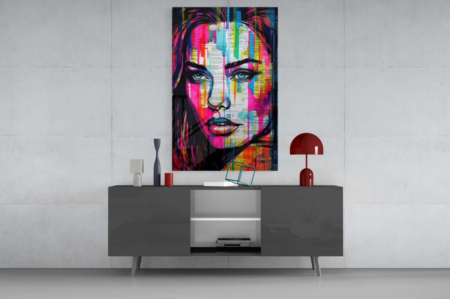 Newsprint Drip Rainbow Woman Glass Wall Art