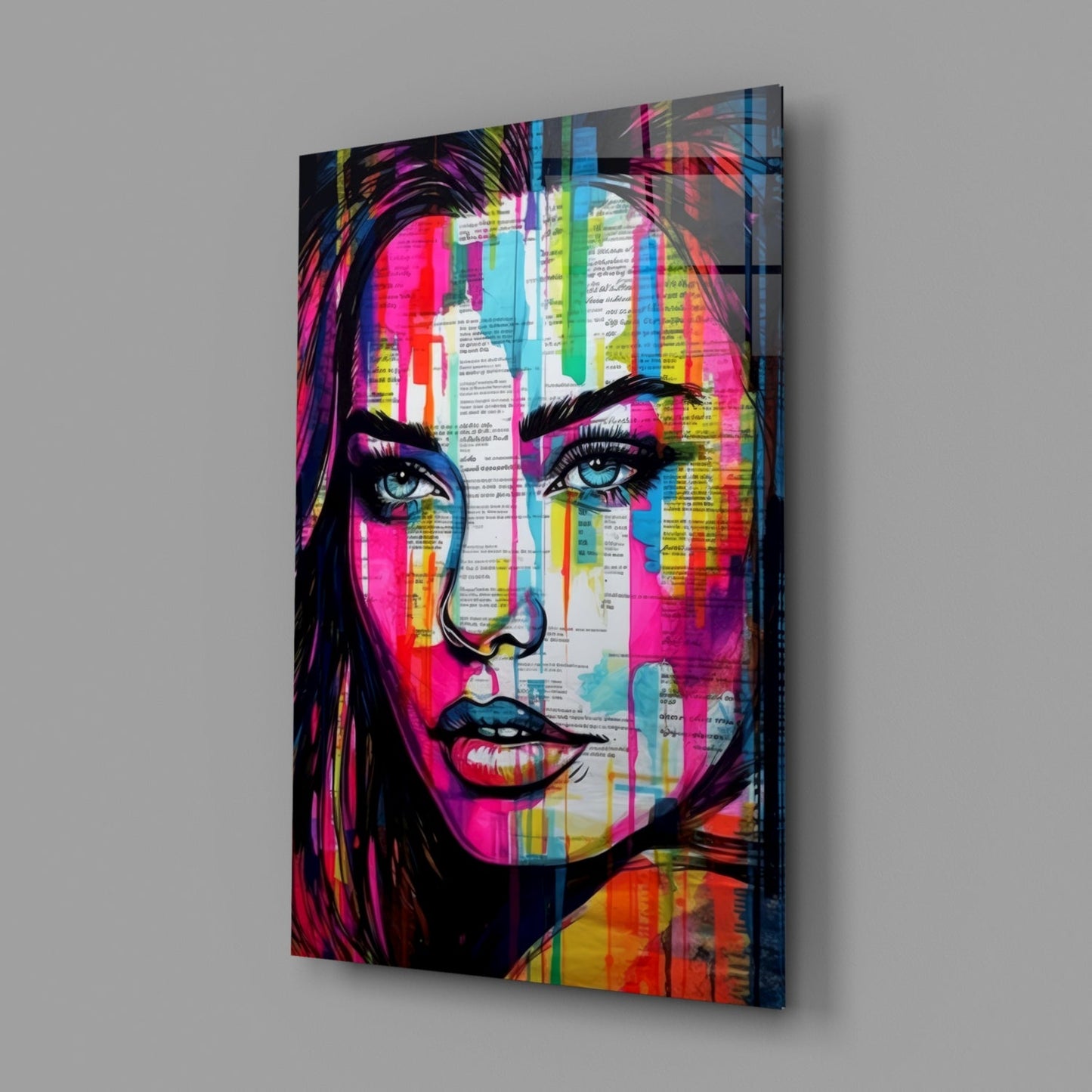 Newsprint Drip Rainbow Woman Glass Wall Art