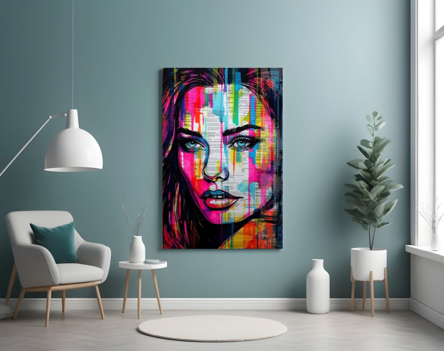 Newsprint Drip Rainbow Woman Glass Wall Art
