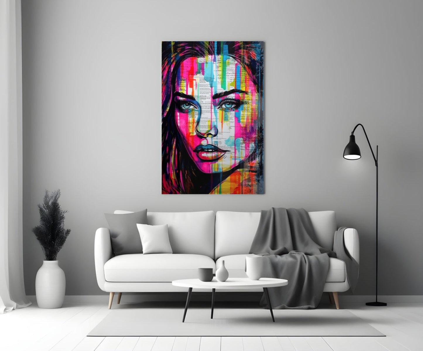Newsprint Drip Rainbow Woman Glass Wall Art