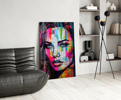 Newsprint Drip Rainbow Woman Glass Wall Art