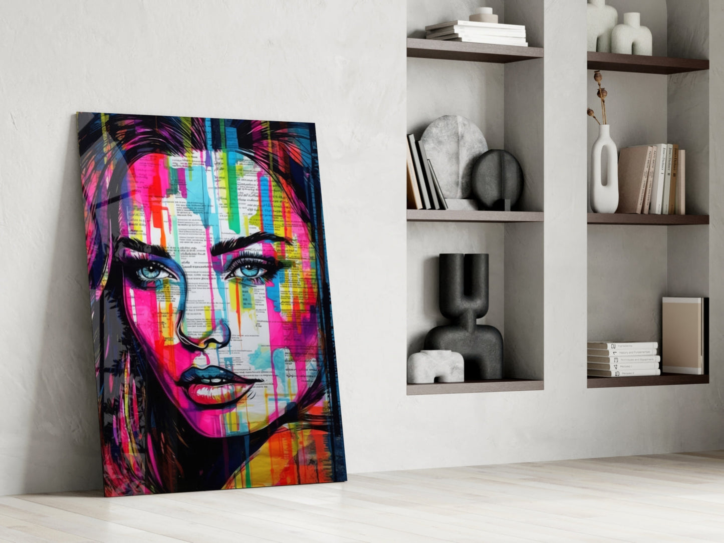 Newsprint Drip Rainbow Woman Glass Wall Art