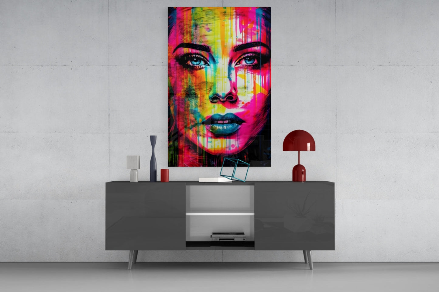 Neon Pink Stripe Bold Brow Woman Glass Wall Art