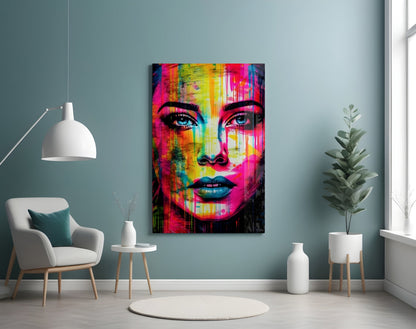 Neon Pink Stripe Bold Brow Woman Glass Wall Art