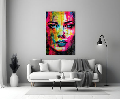 Neon Pink Stripe Bold Brow Woman Glass Wall Art