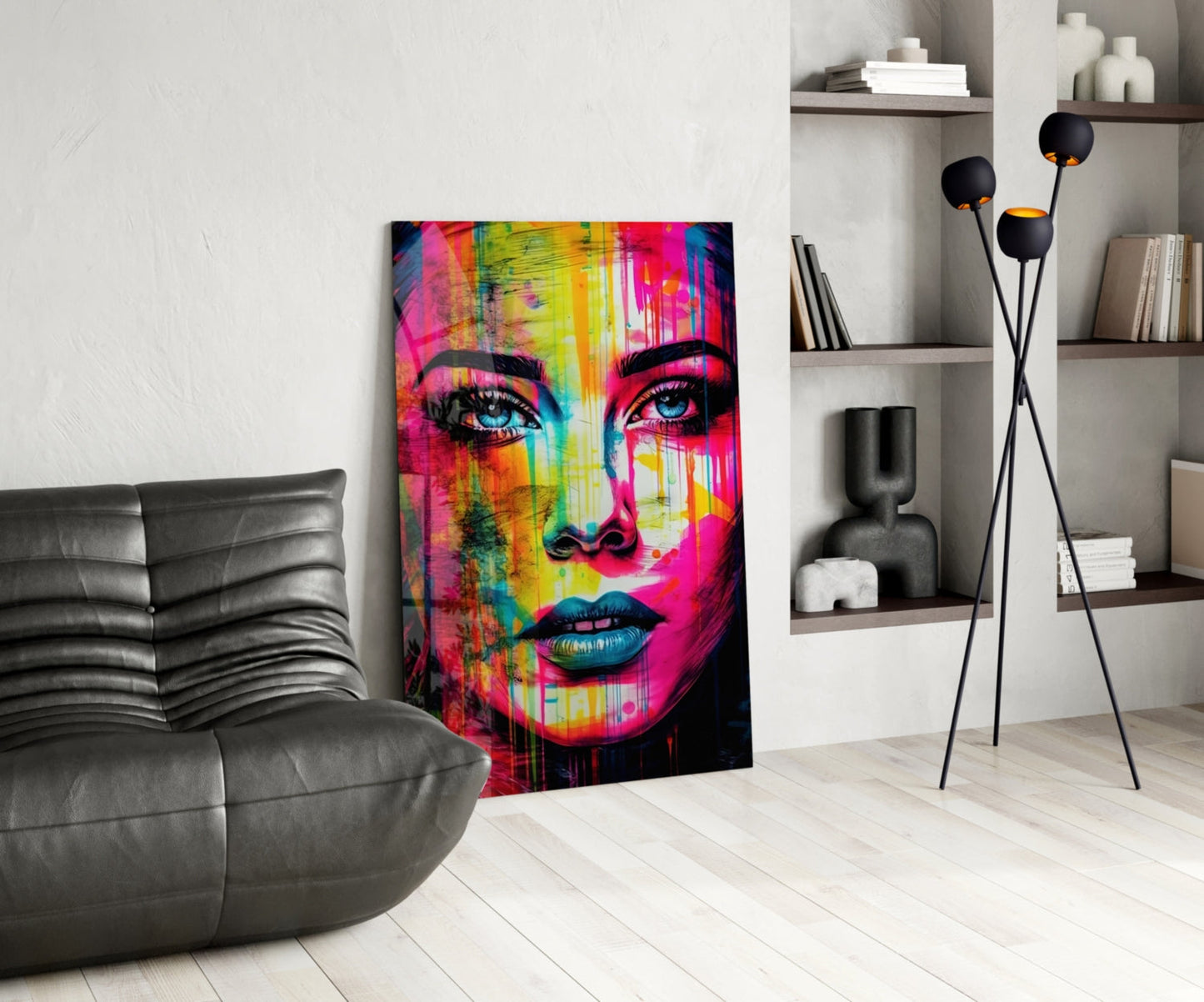 Neon Pink Stripe Bold Brow Woman Glass Wall Art