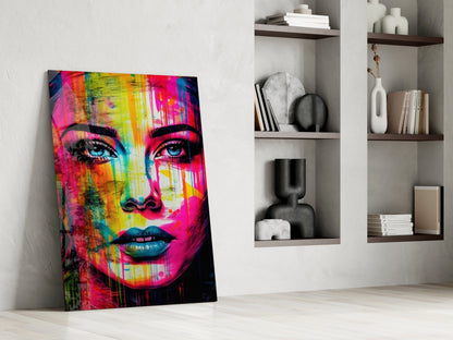 Neon Pink Stripe Bold Brow Woman Glass Wall Art