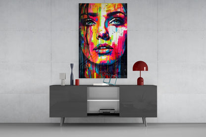 Colorful Drip Tilted Gaze Woman Glass Wall Art
