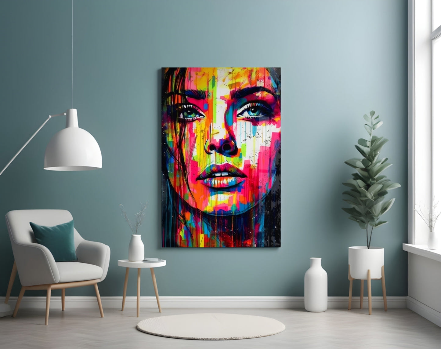 Colorful Drip Tilted Gaze Woman Glass Wall Art