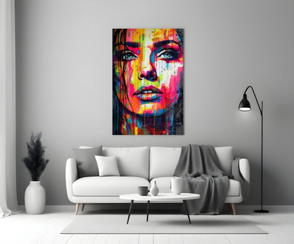 Colorful Drip Tilted Gaze Woman Glass Wall Art