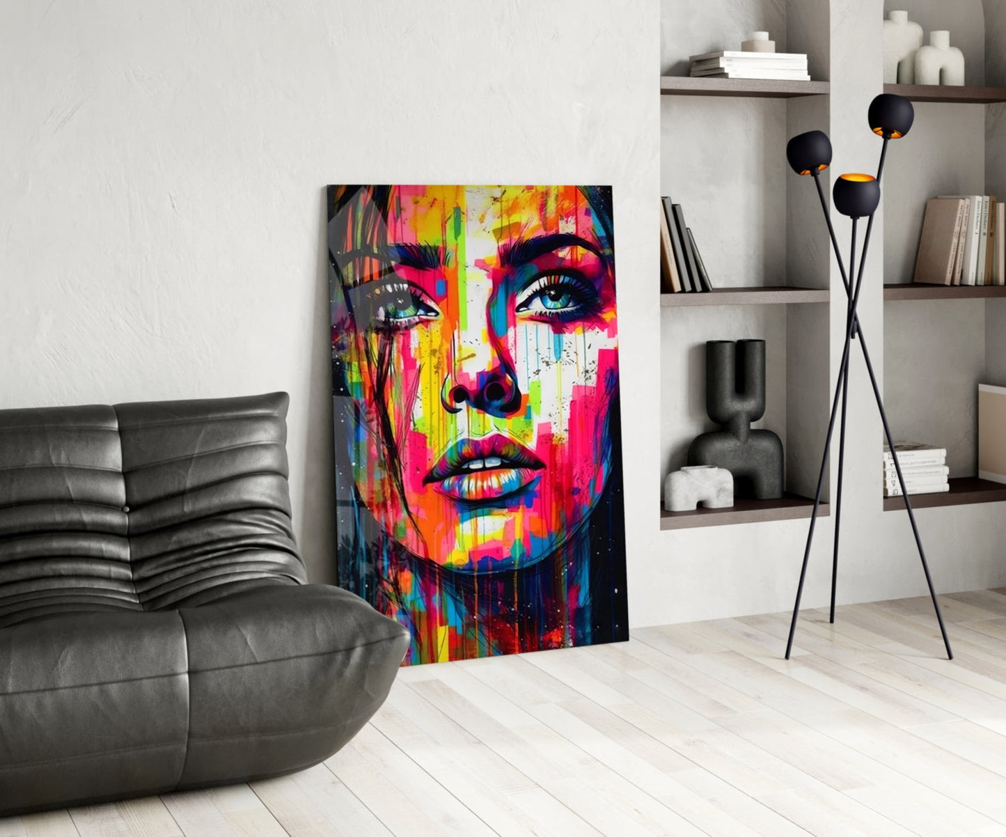 Colorful Drip Tilted Gaze Woman Glass Wall Art