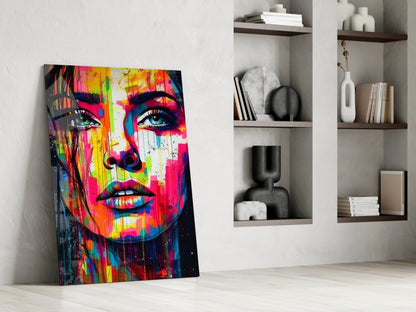 Colorful Drip Tilted Gaze Woman Glass Wall Art