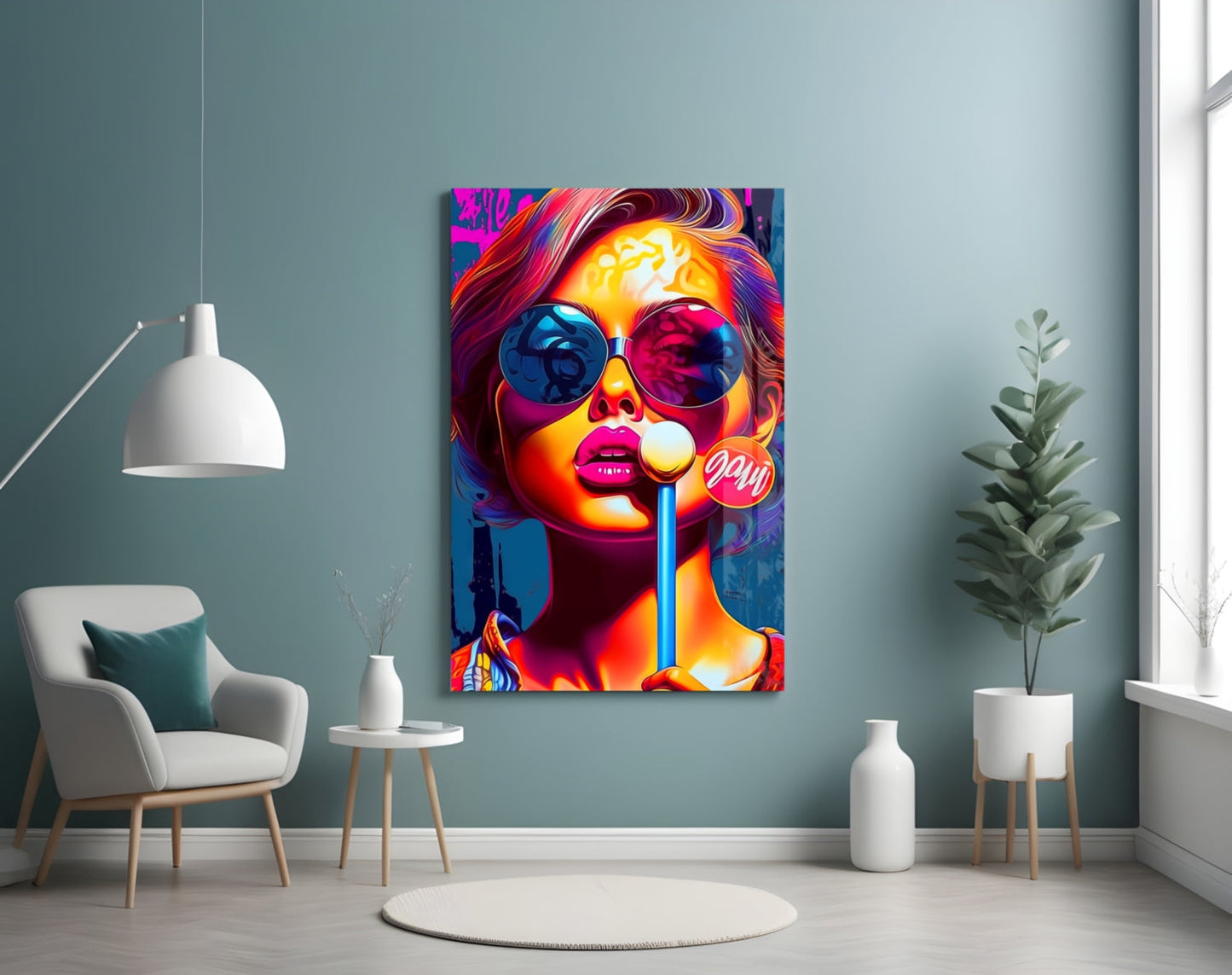 Neon Sunglasses Woman White Lollipop Glass Wall Art