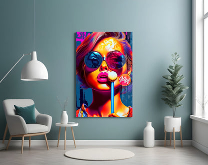 Neon Sunglasses Woman White Lollipop Glass Wall Art