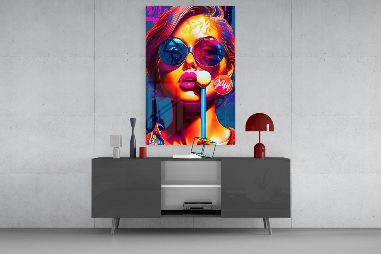 Neon Sunglasses Woman White Lollipop Glass Wall Art