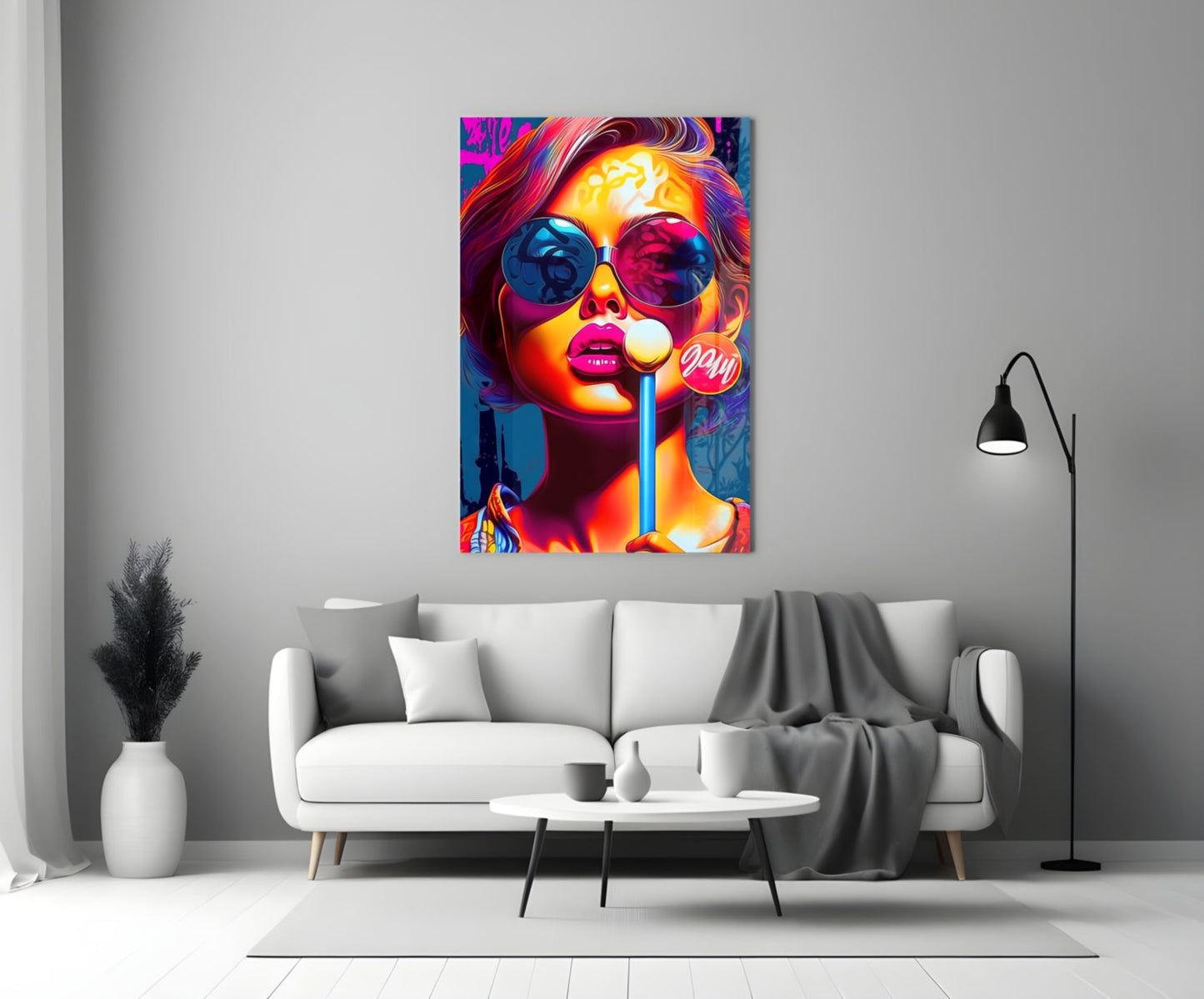 Neon Sunglasses Woman White Lollipop Glass Wall Art