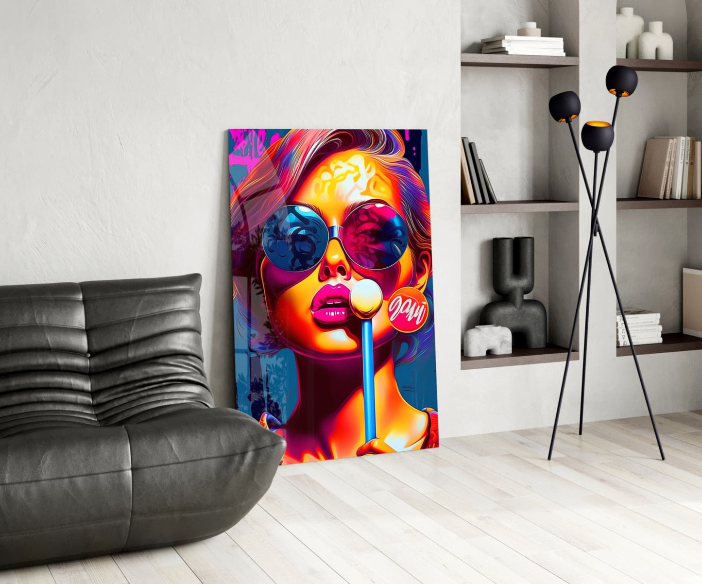 Neon Sunglasses Woman White Lollipop Glass Wall Art