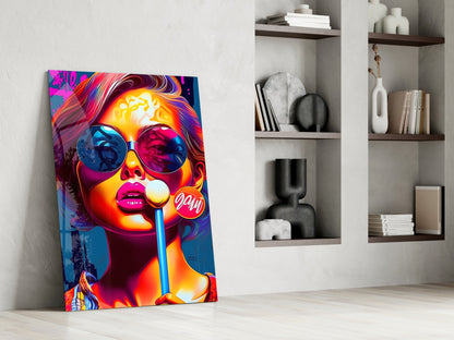 Neon Sunglasses Woman White Lollipop Glass Wall Art