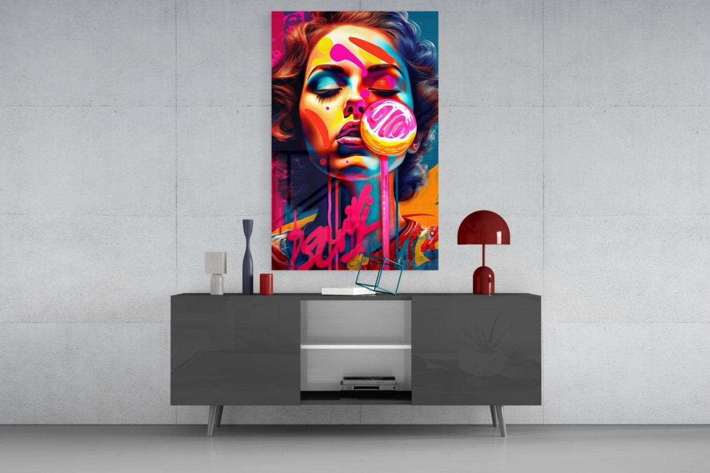 Dripping Pink Lollipop Graffiti Woman Glass Wall Art