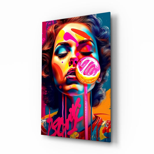 Angled perspective of colorful pop art glass panel featuring woman's face with rainbow paint, oversized pink lollipop, and graffiti text on teal background.