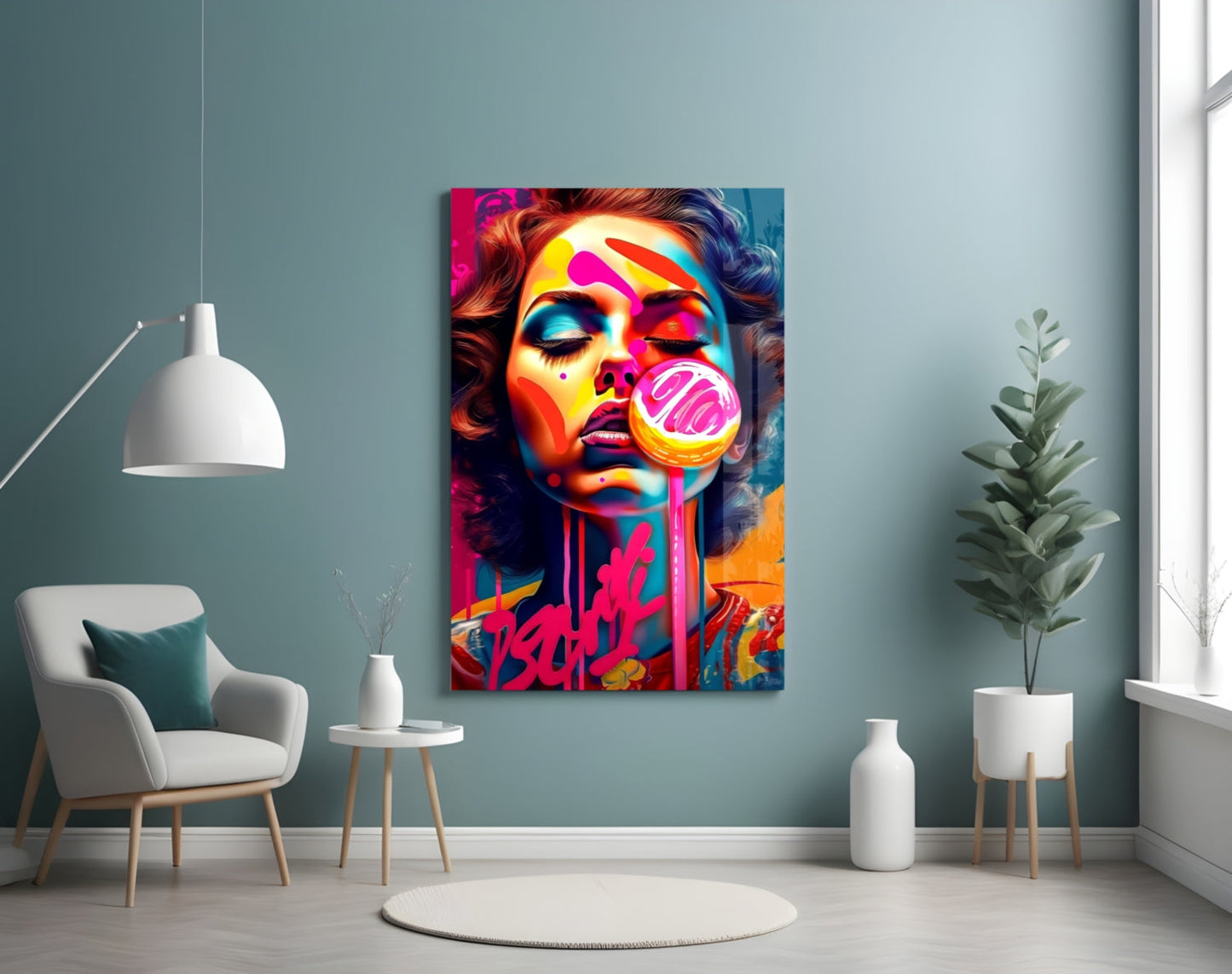Dripping Pink Lollipop Graffiti Woman Glass Wall Art