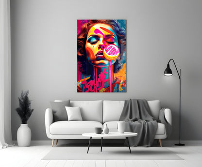 Dripping Pink Lollipop Graffiti Woman Glass Wall Art