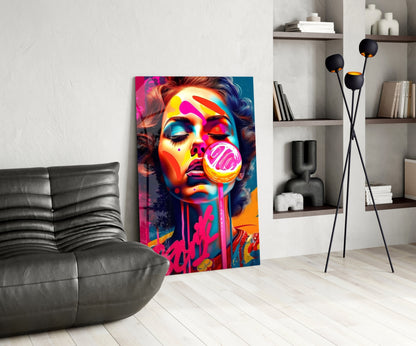 Dripping Pink Lollipop Graffiti Woman Glass Wall Art