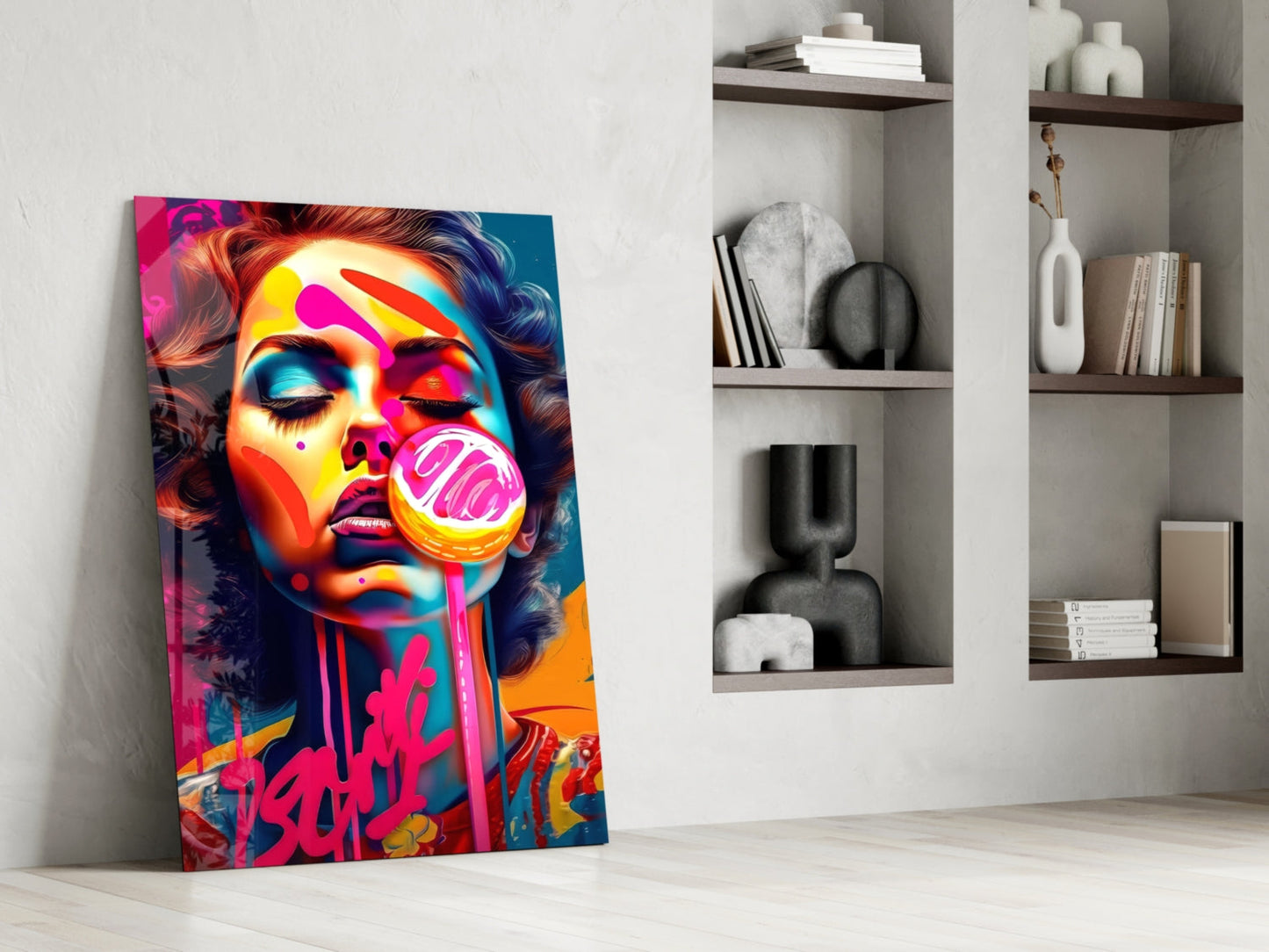 Dripping Pink Lollipop Graffiti Woman Glass Wall Art