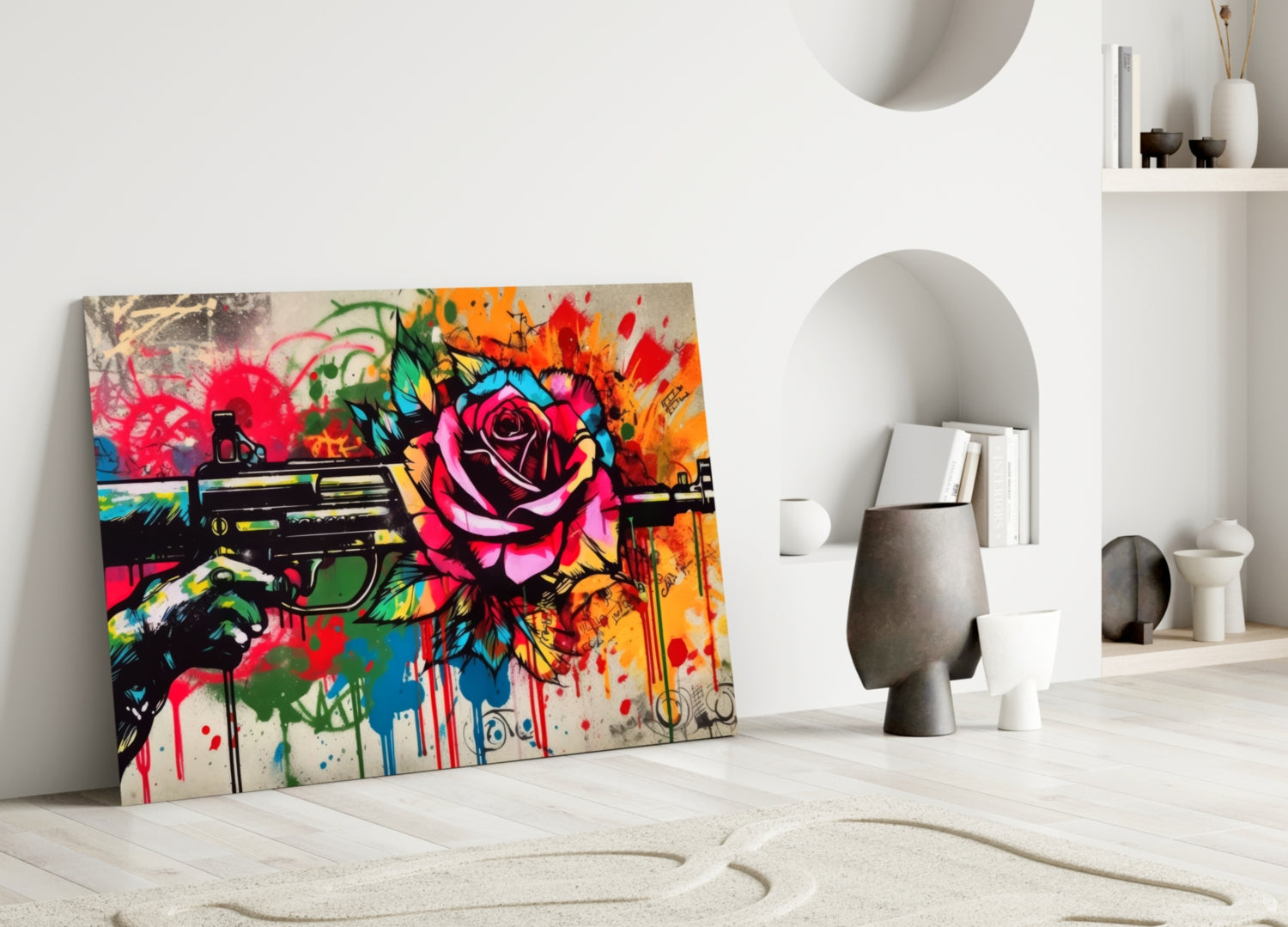 Vibrant pop art glass wall art featuring a pink rose and revolver with colorful splashes displayed in a minimalist white interior setting.