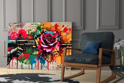 Vibrant pop art glass wall art featuring a pink rose and revolver with colorful splatter effects displayed in a modern living room setting.