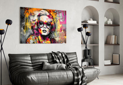 Red Round Glasses Graffiti Wall Woman Glass Wall Art
