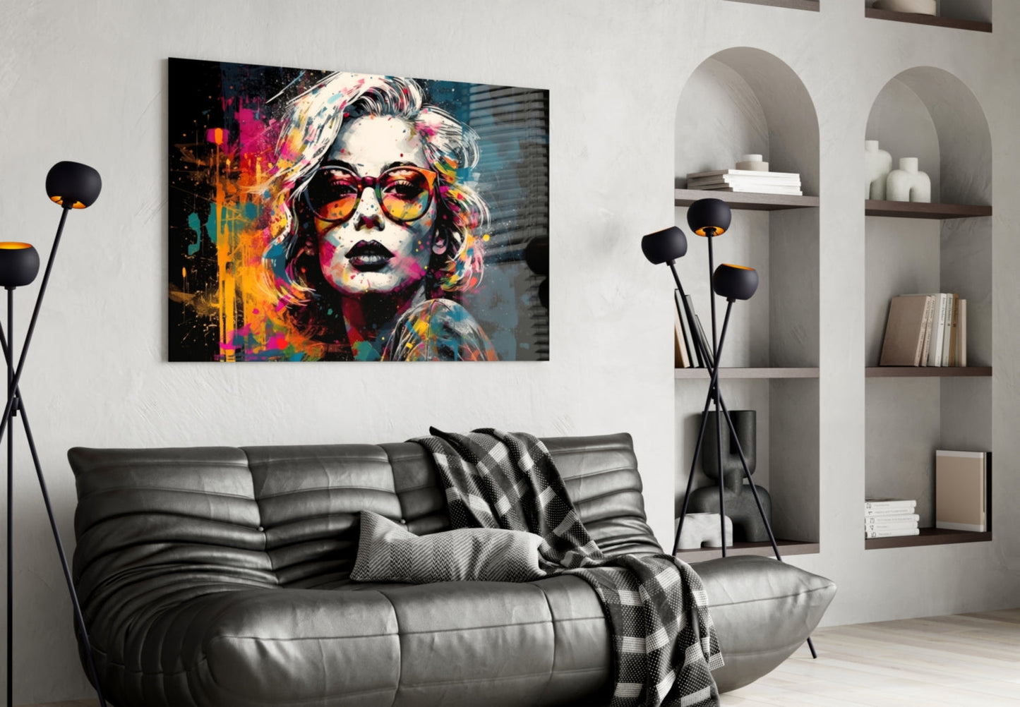 Dark Navy Backdrop Red Glasses Woman Glass Wall Art