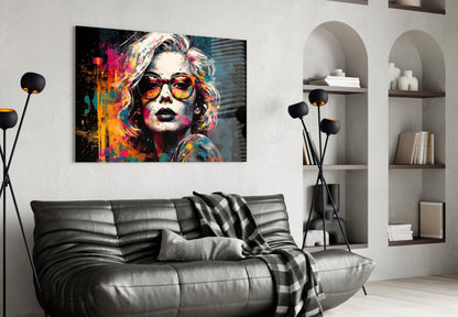Dark Navy Backdrop Red Glasses Woman Glass Wall Art