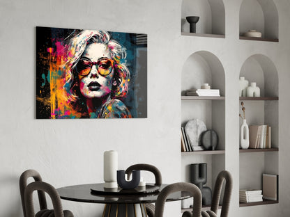 Dark Navy Backdrop Red Glasses Woman Glass Wall Art