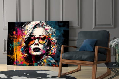 Dark Navy Backdrop Red Glasses Woman Glass Wall Art