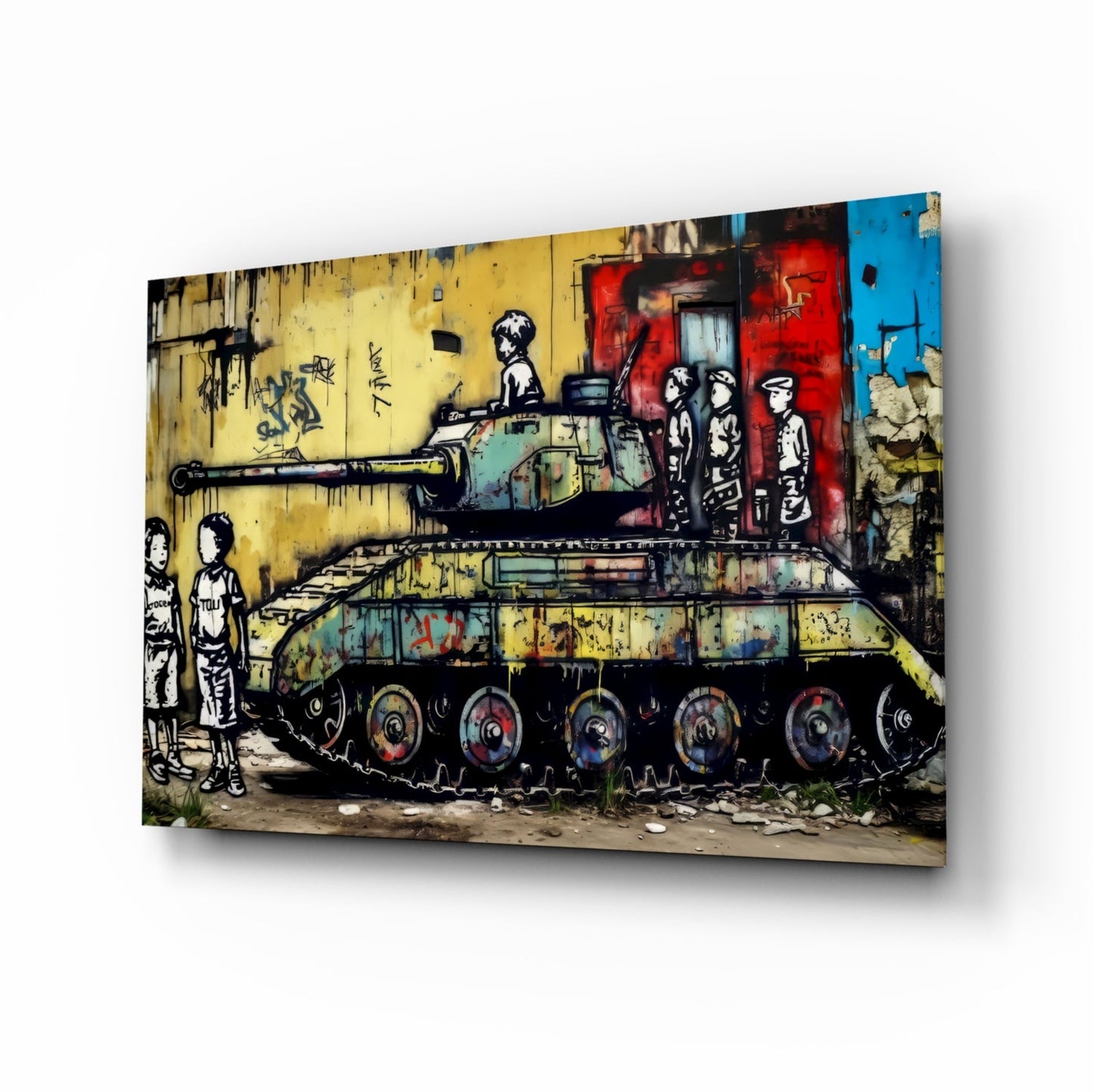 Glass wall art print displayed at an angle showing street art depicting children, a tank, and colorful urban wall with yellow, red, and blue sections.