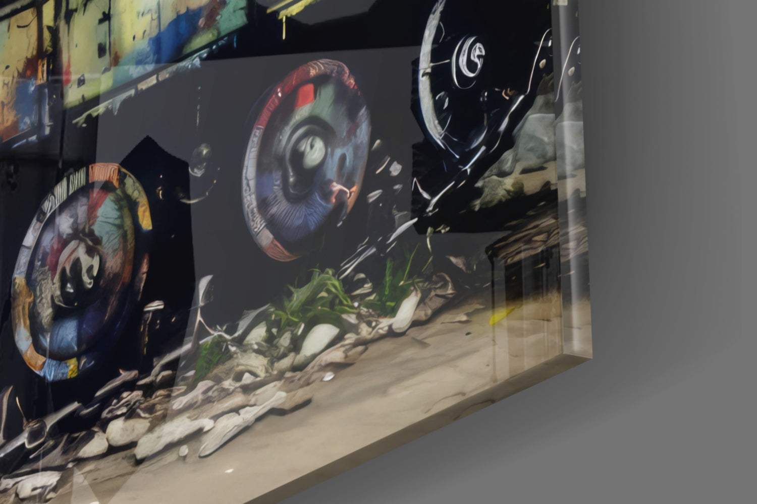 Close-up angled view of glass wall art showing detailed mechanical eye designs with red, blue, and gold accents on dark background with textured base.