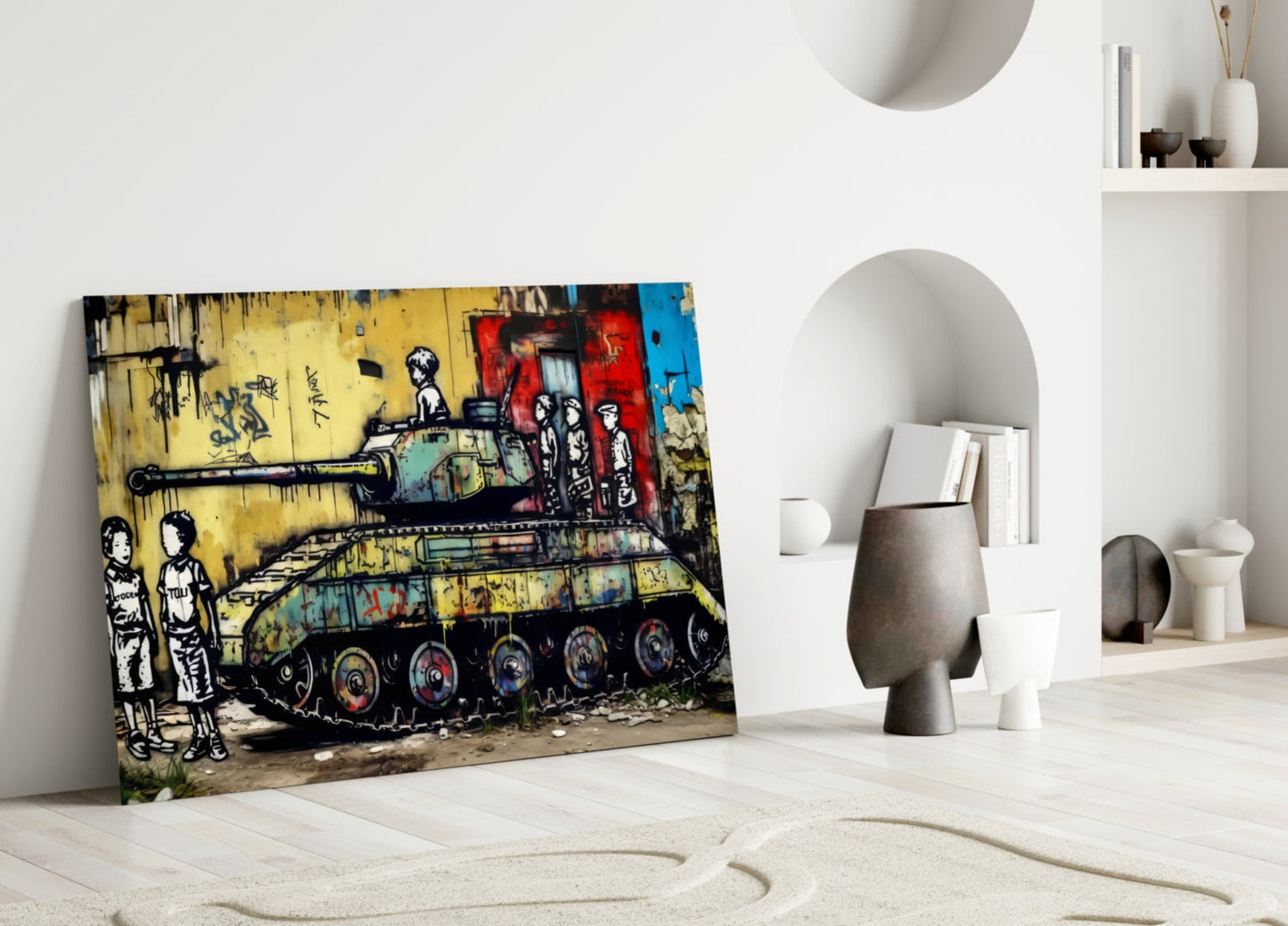 Glass wall art depicting colorful street art of a tank with children figures on yellow background, leaned against white interior wall with shelving.