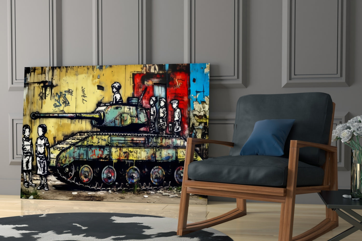 Street art glass panel depicting children and tank in yellow, red, and blue tones displayed in modern living room setting.