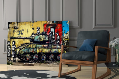 Street art glass panel depicting children and tank in yellow, red, and blue tones displayed in modern living room setting.