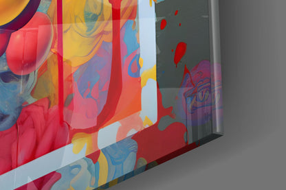 Close-up angled view of colorful glass wall art panels featuring red, yellow, and blue balloon designs with abstract patterns.