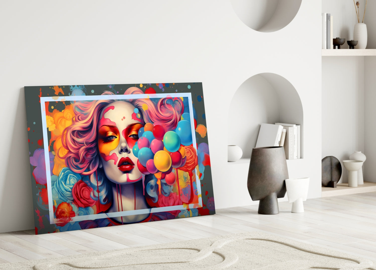 Colorful pop art glass wall art leaning against white wall in minimalist interior with shelving and decorative objects.